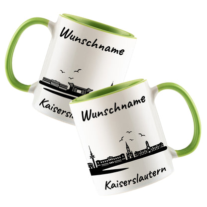 Tasse in Hellgrün 330ml bedruckt mit der Skyline von Kaiserslautern personalisierbar mit Wunschname