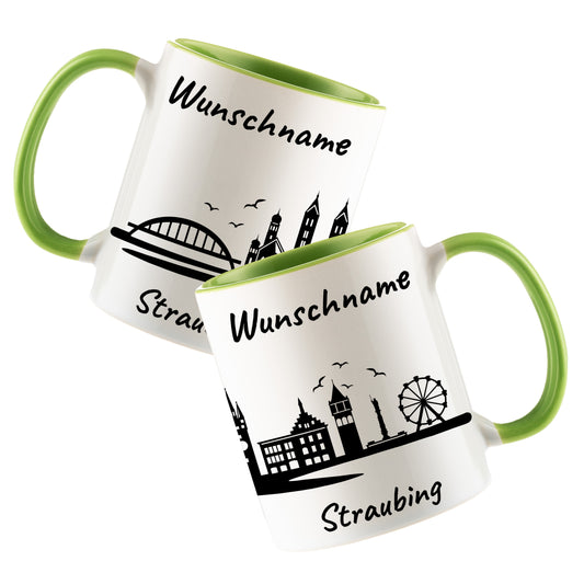 Tasse in Hellgrün 330ml bedruckt mit der Skyline von Straubing personalisierbar mit Wunschname