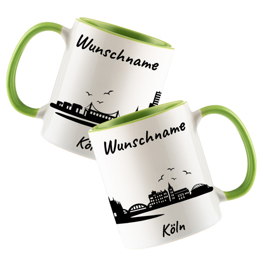 Tasse in Hellgrün 330ml bedruckt mit der Skyline von Köln personalisierbar mit Wunschname