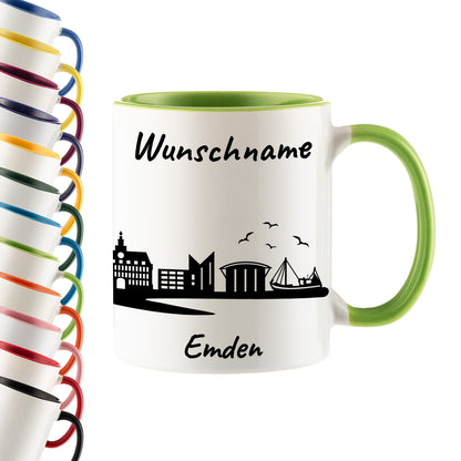 Tasse in Hellgrün 330ml bedruckt mit der Skyline von Emden personalisierbar mit Wunschname
