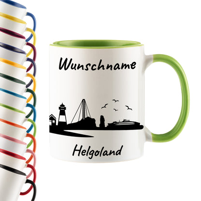 Tasse in Hellgrün 330ml bedruckt mit der Skyline von Helgoland personalisierbar mit Wunschname