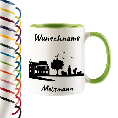 Tasse in Hellgrün 330ml bedruckt mit der Skyline von Mettmann personalisierbar mit Wunschname