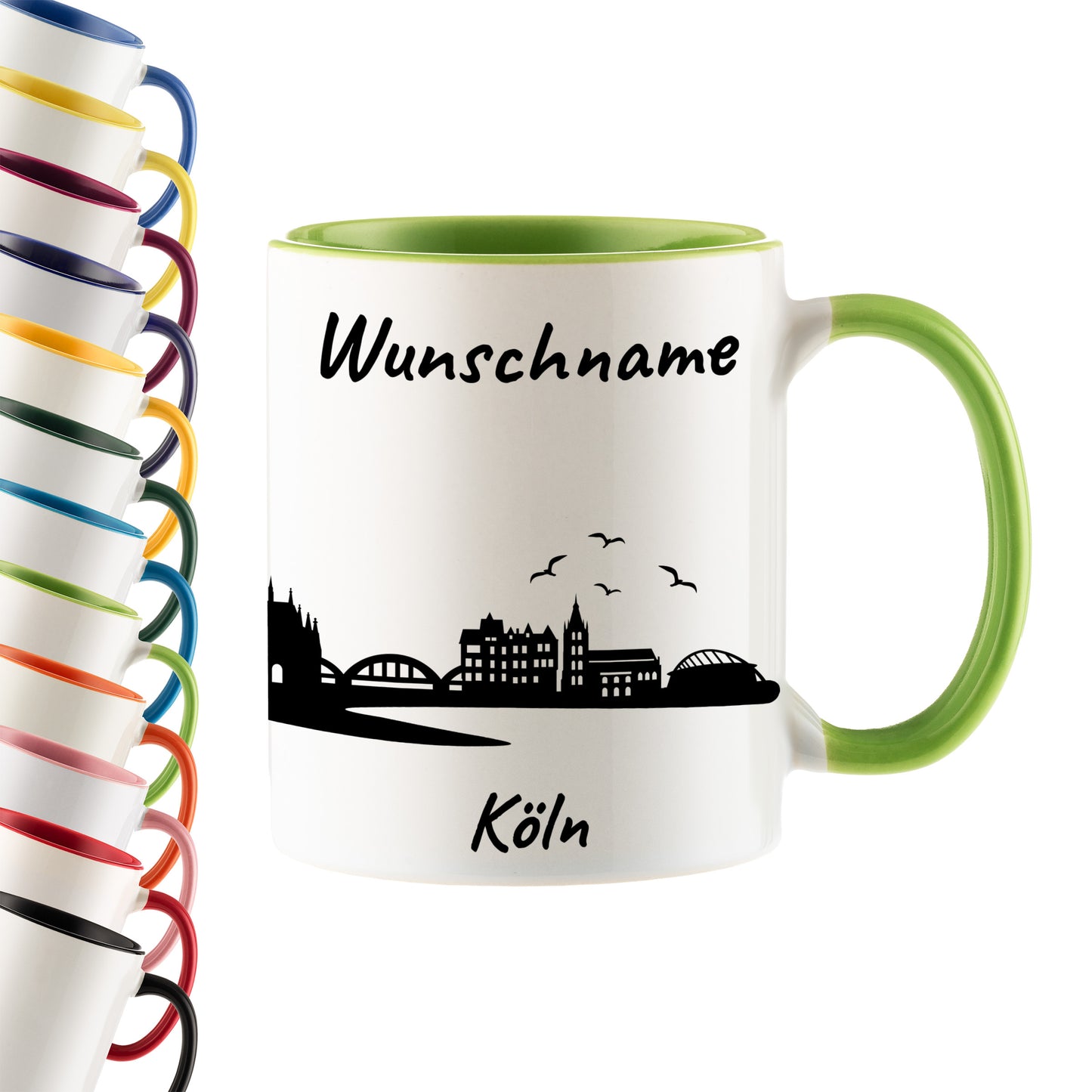 Tasse in Hellgrün 330ml bedruckt mit der Skyline von Köln personalisierbar mit Wunschname