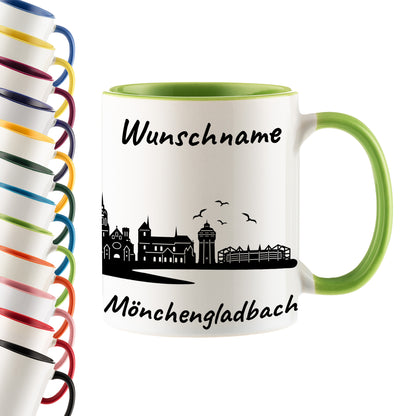 Tasse in Hellgrün 330ml bedruckt mit der Skyline von Mönchengladbach personalisierbar mit Wunschname