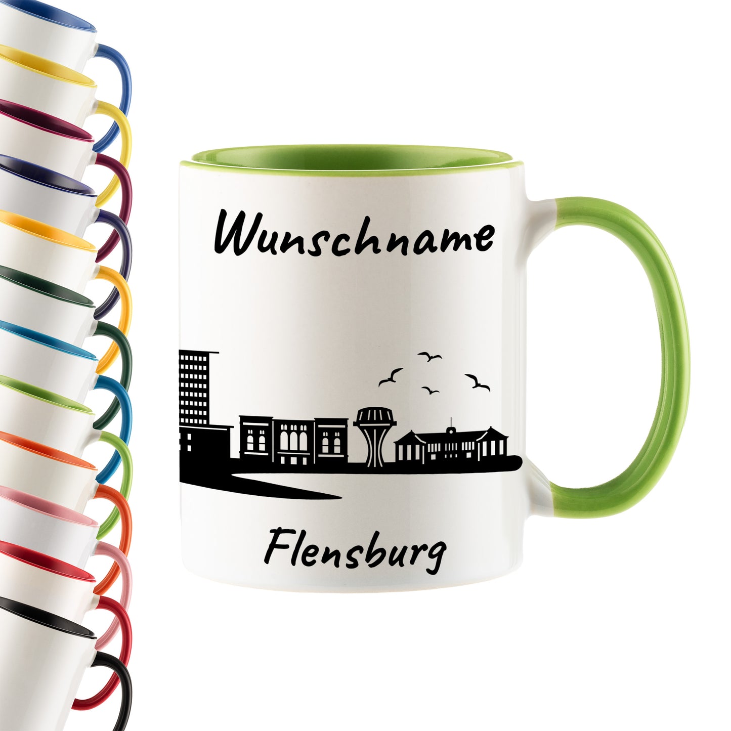 Tasse in Hellgrün 330ml bedruckt mit der Skyline von Flensburg personalisierbar mit Wunschname