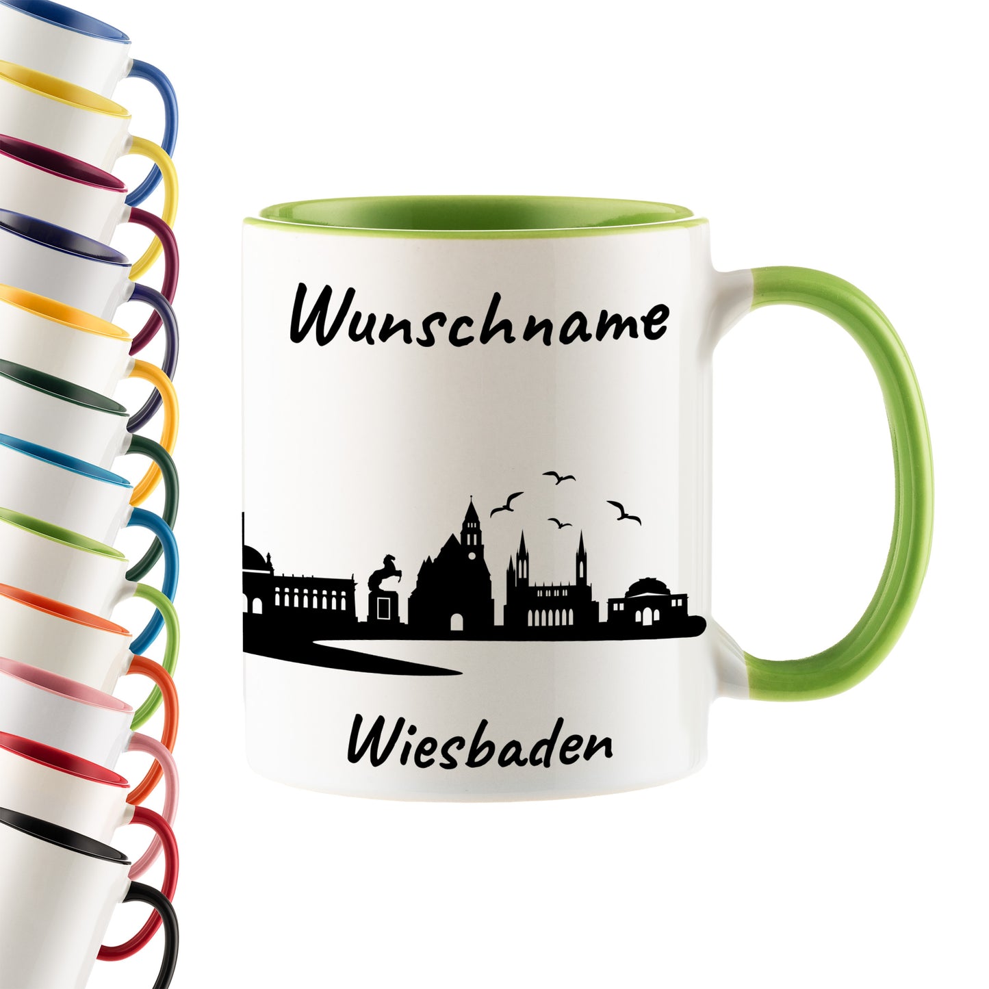 Tasse in Hellgrün 330ml bedruckt mit der Skyline von Wiesbaden personalisierbar mit Wunschname