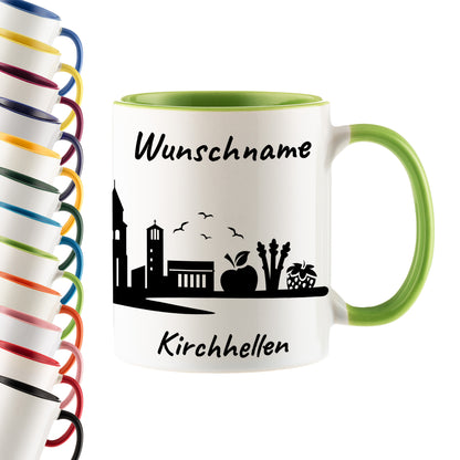 Tasse in Hellgrün 330ml bedruckt mit der Skyline von Kirchhellen personalisierbar mit Wunschname