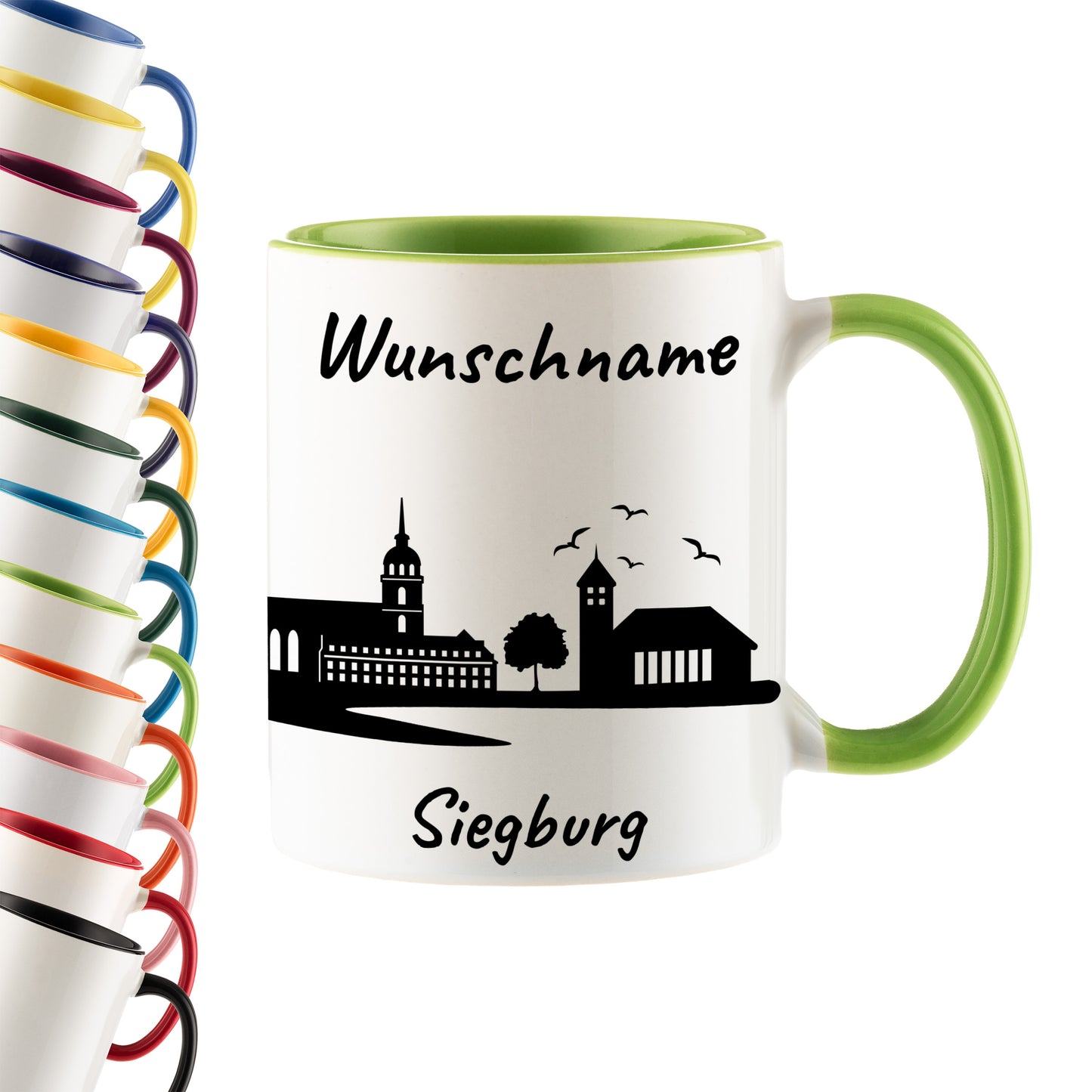 Tasse in Hellgrün 330ml bedruckt mit der Skyline von Siegburg personalisierbar mit Wunschname