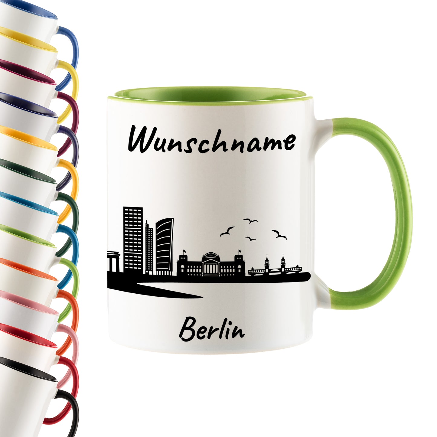 Tasse in Hellgrün 330ml bedruckt mit der Skyline von Berlin personalisierbar mit Wunschname