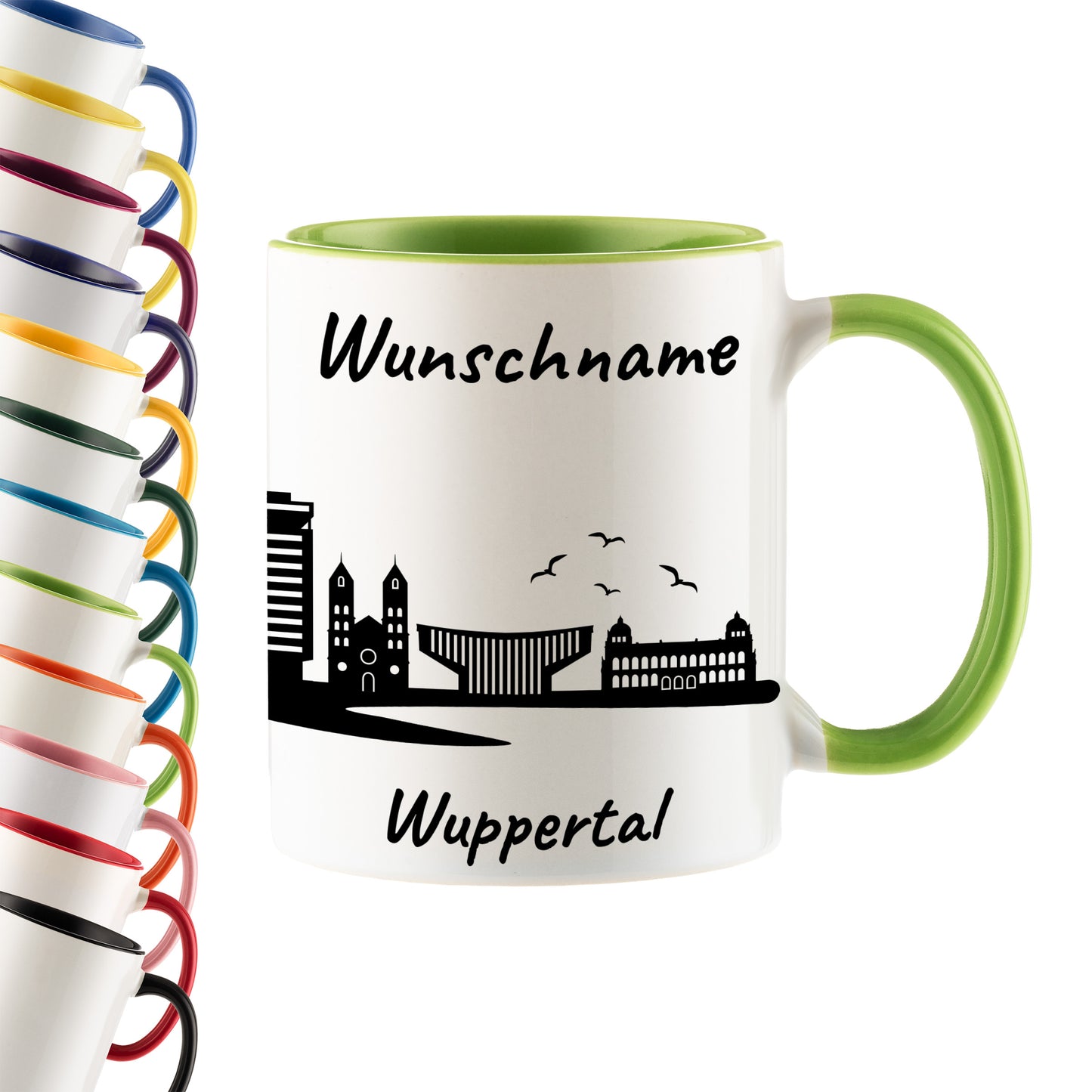 Tasse in Hellgrün 330ml bedruckt mit der Skyline von Wuppertal personalisierbar mit Wunschname