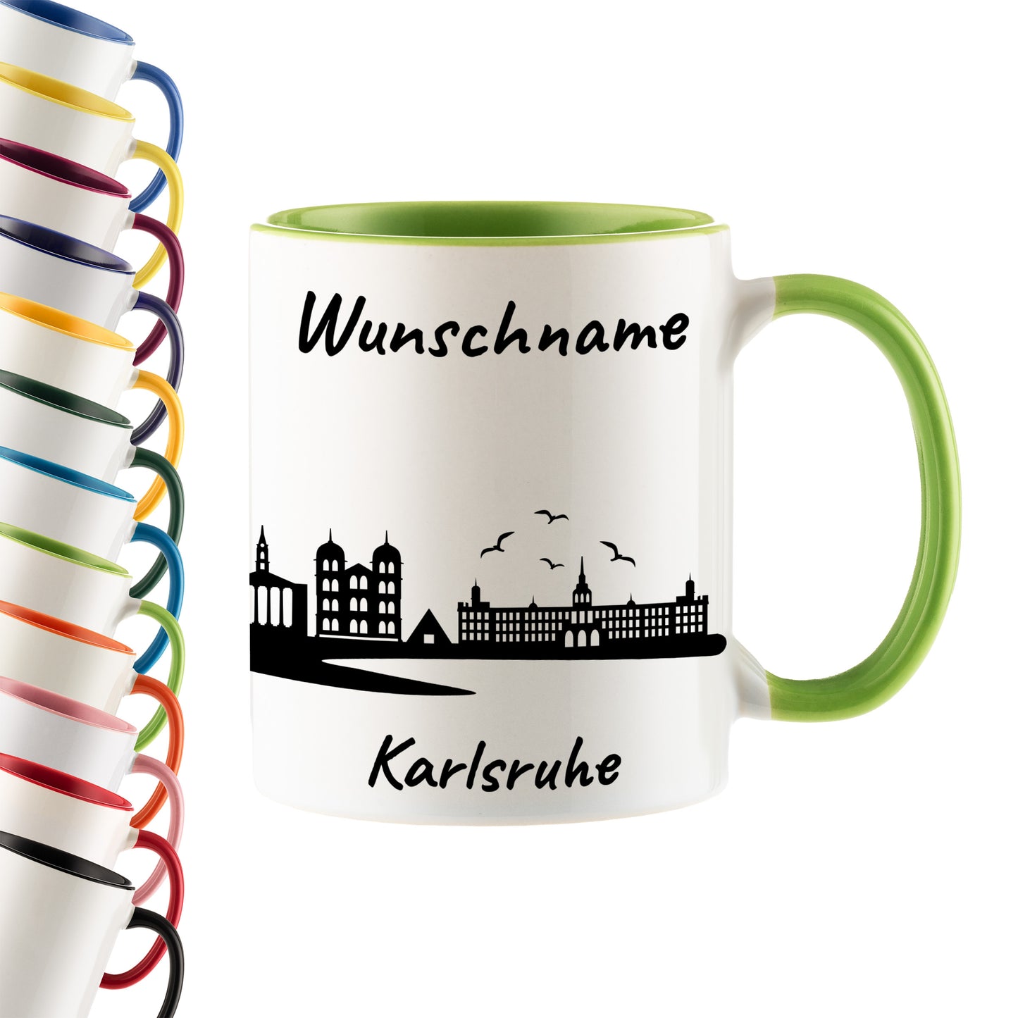 Tasse in Hellgrün 330ml bedruckt mit der Skyline von Karlsruhe personalisierbar mit Wunschname