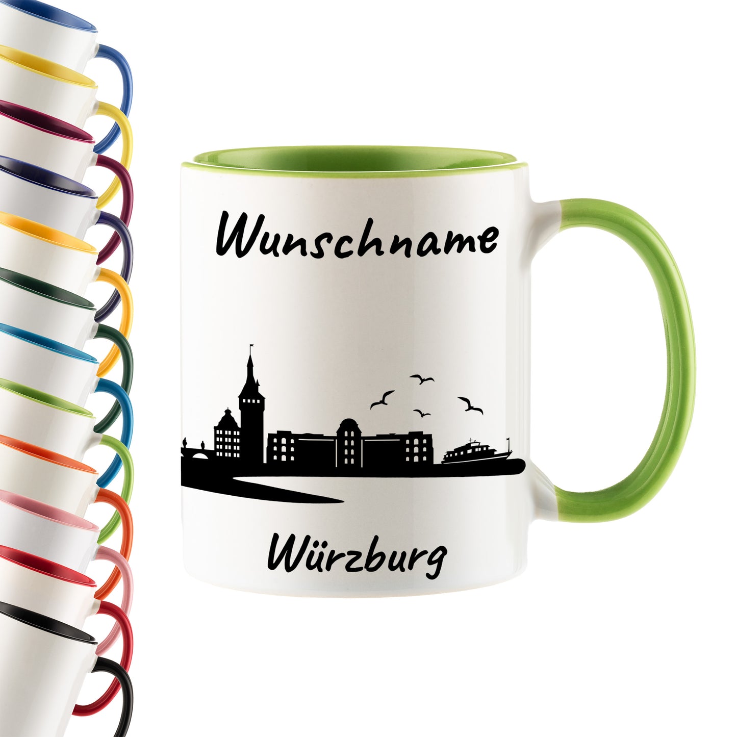 Tasse in Hellgrün 330ml bedruckt mit der Skyline von Würzburg personalisierbar mit Wunschname
