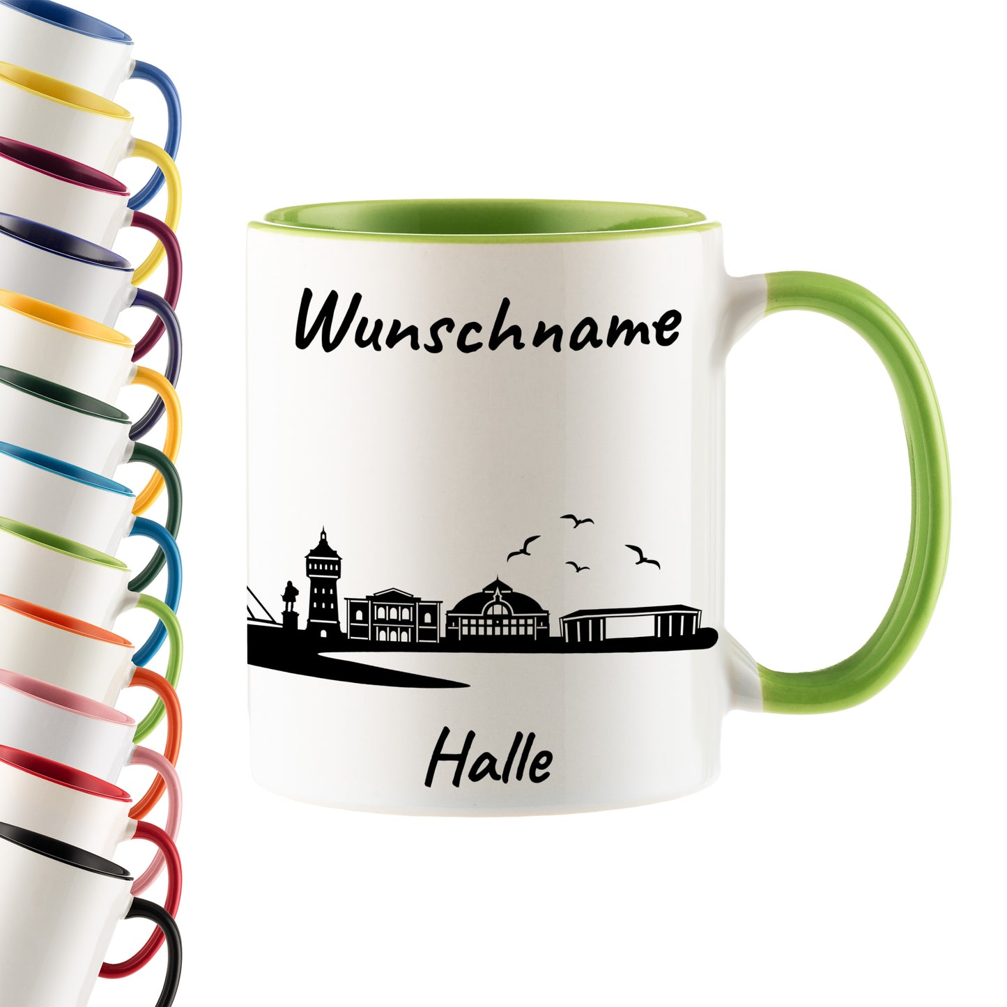 Tasse in Hellgrün 330ml bedruckt mit der Skyline von Halle personalisierbar mit Wunschname