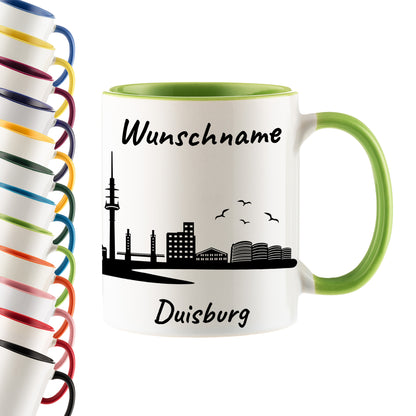 Tasse in Hellgrün 330ml bedruckt mit der Skyline von Duisburg personalisierbar mit Wunschname
