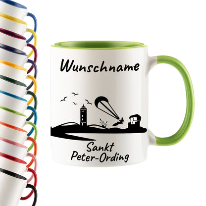 Tasse in Hellgrün 330ml bedruckt mit der Skyline von Sankt Peter-Ording personalisierbar mit Wunschname