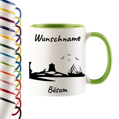 Tasse in Hellgrün 330ml bedruckt mit der Skyline von Büsum personalisierbar mit Wunschname