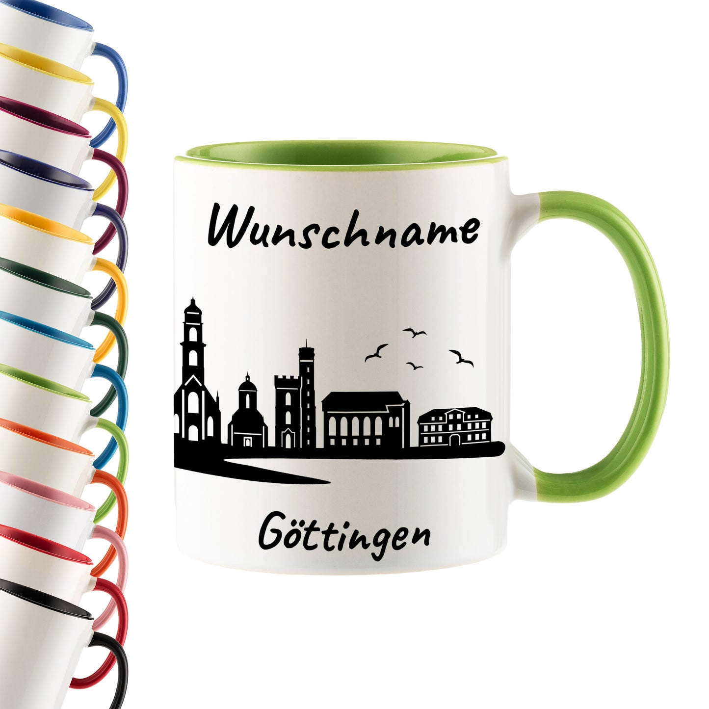 Tasse in Hellgrün 330ml bedruckt mit der Skyline von Göttingen personalisierbar mit Wunschname