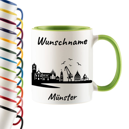 Tasse in Hellgrün 330ml bedruckt mit der Skyline von Münster personalisierbar mit Wunschname