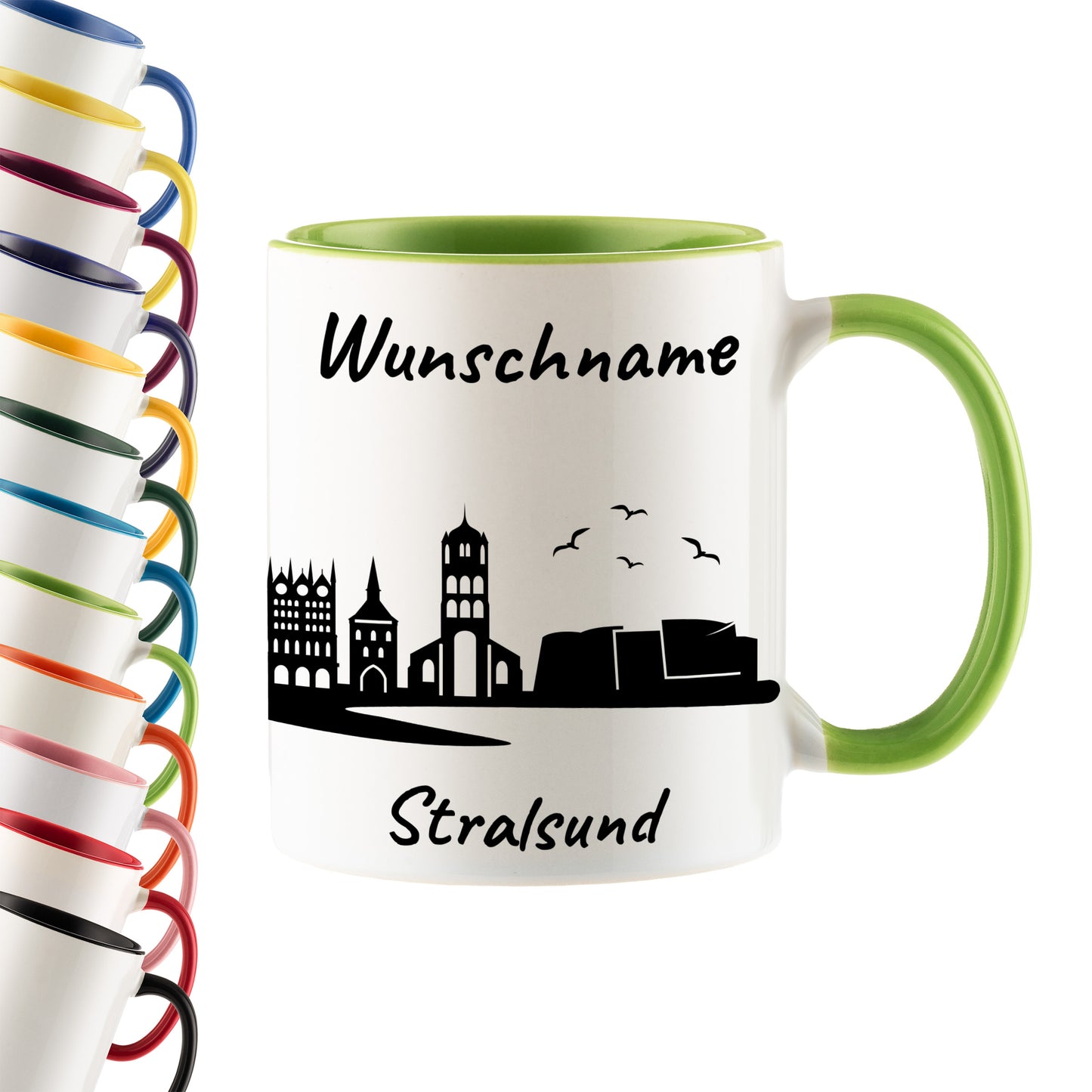 Tasse in Hellgrün 330ml bedruckt mit der Skyline von Stralsund personalisierbar mit Wunschname