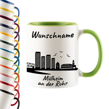 Tasse in Hellgrün 330ml bedruckt mit der Skyline von Mülheim an der Ruhr personalisierbar mit Wunschname