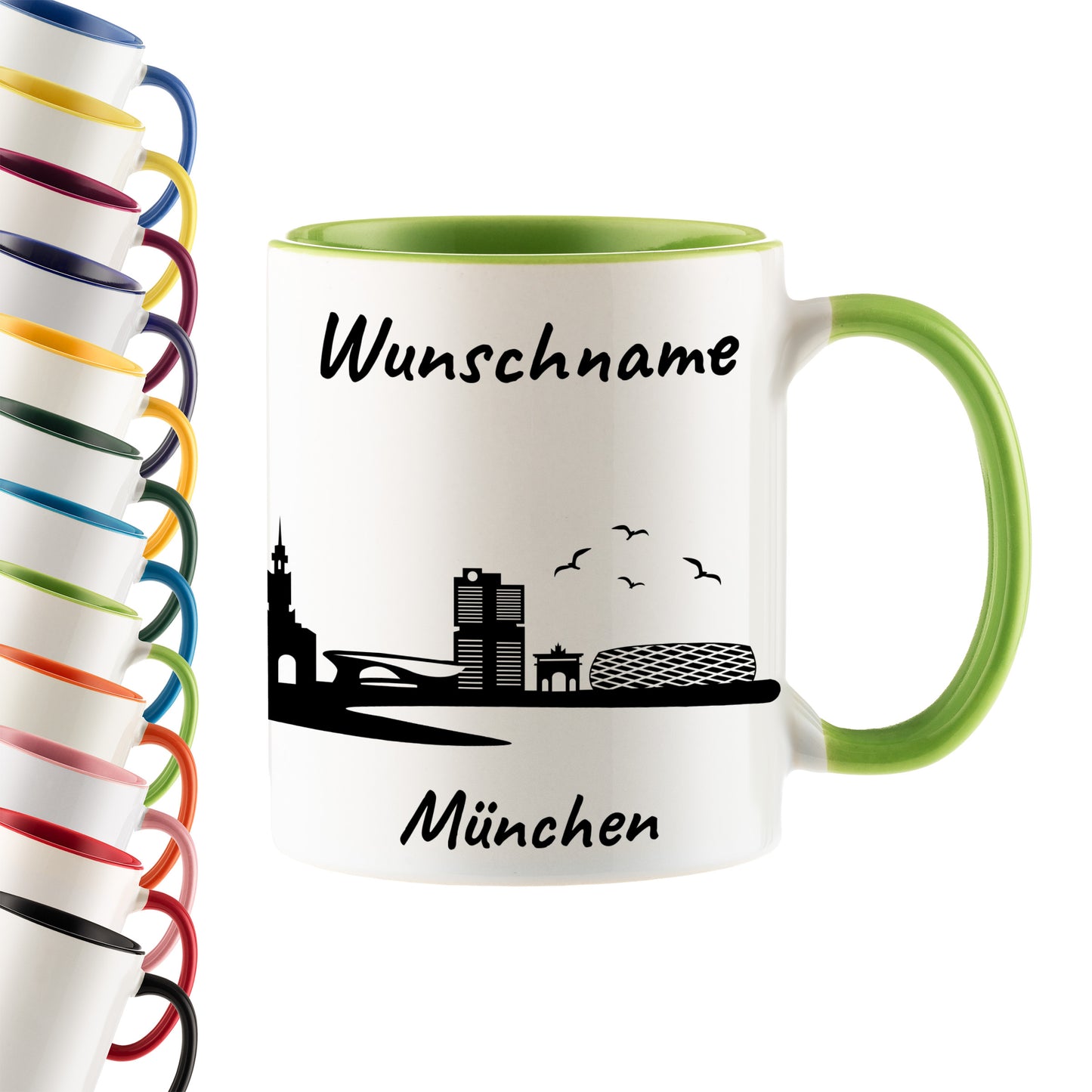 Tasse in Hellgrün 330ml bedruckt mit der Skyline von München personalisierbar mit Wunschname