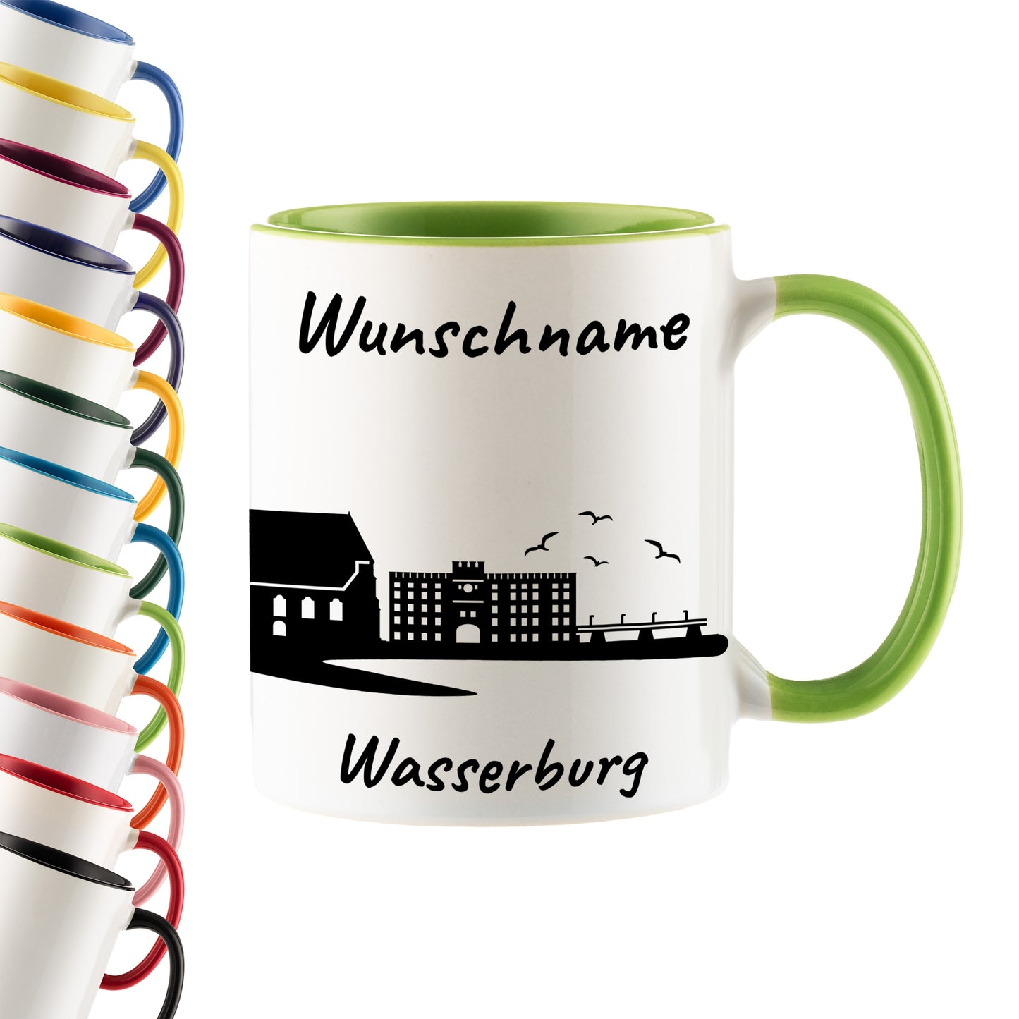 Tasse in Hellgrün 330ml bedruckt mit der Skyline von Wasserburg personalisierbar mit Wunschname