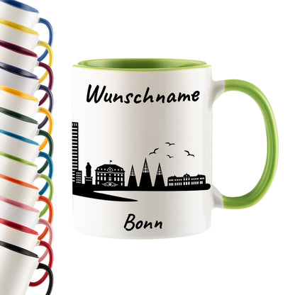 Tasse in Hellgrün 330ml bedruckt mit der Skyline von Bonn personalisierbar mit Wunschname