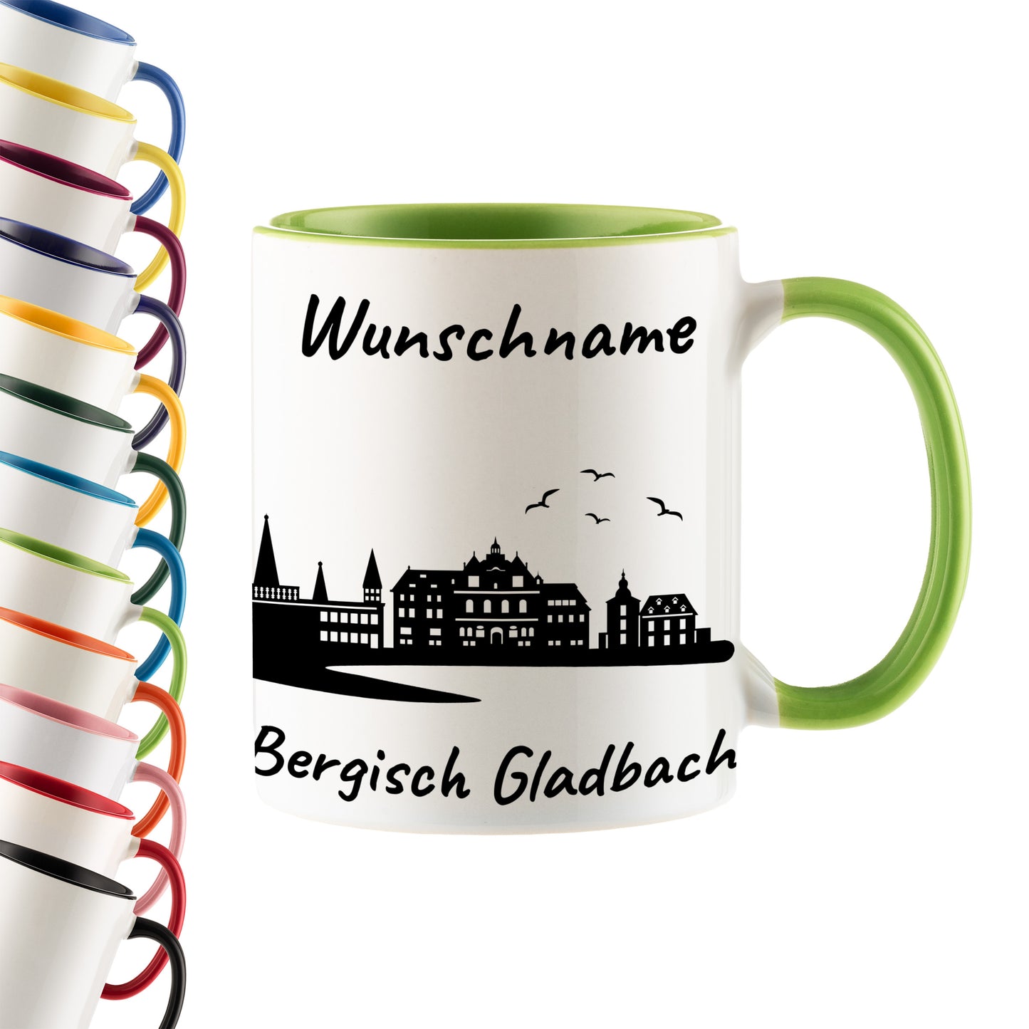 Tasse in Hellgrün 330ml bedruckt mit der Skyline von Bergisch Gladbach personalisierbar mit Wunschname