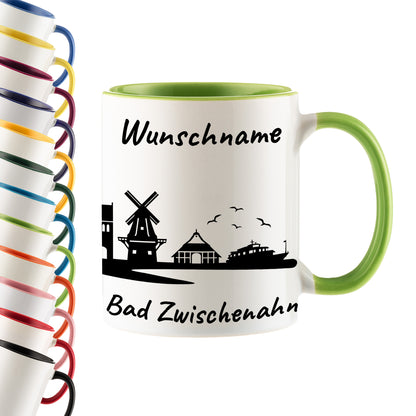 Tasse in Hellgrün 330ml bedruckt mit der Skyline von Bad Zwischenahn personalisierbar mit Wunschname
