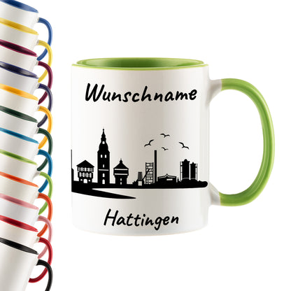 Tasse in Hellgrün 330ml bedruckt mit der Skyline von Hattingen personalisierbar mit Wunschname