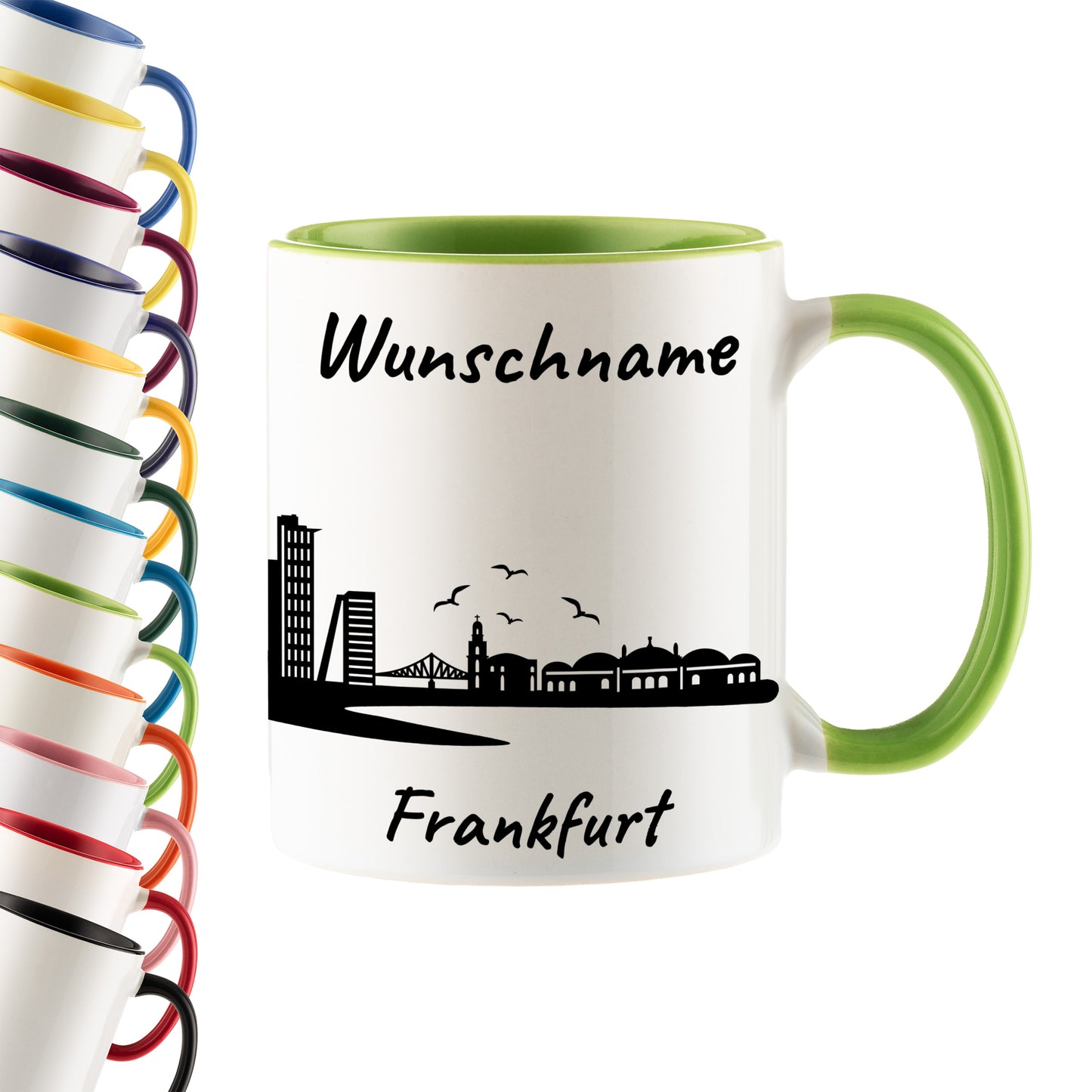 Tasse in Hellgrün 330ml bedruckt mit der Skyline von Frankfurt personalisierbar mit Wunschname