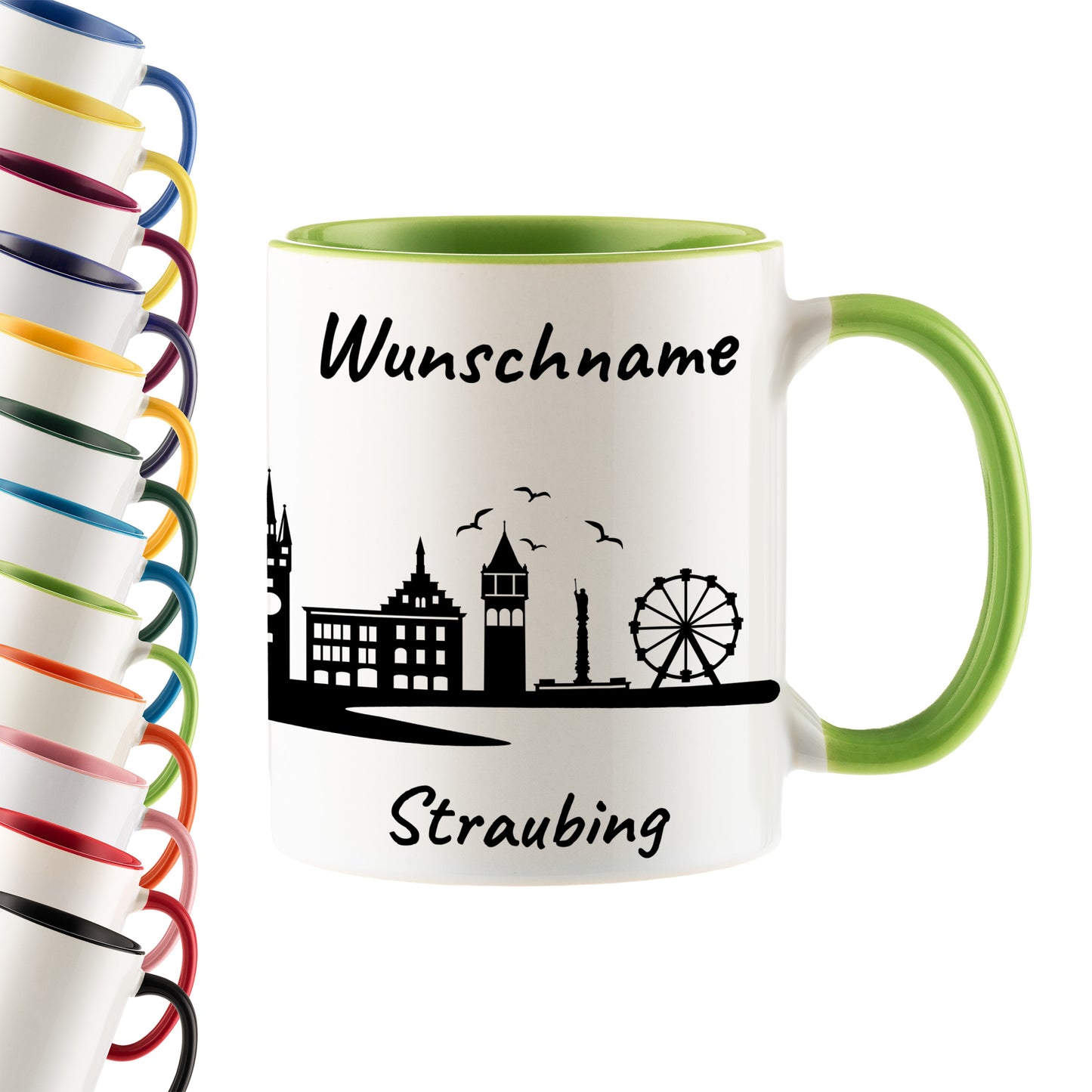 Tasse in Hellgrün 330ml bedruckt mit der Skyline von Straubing personalisierbar mit Wunschname