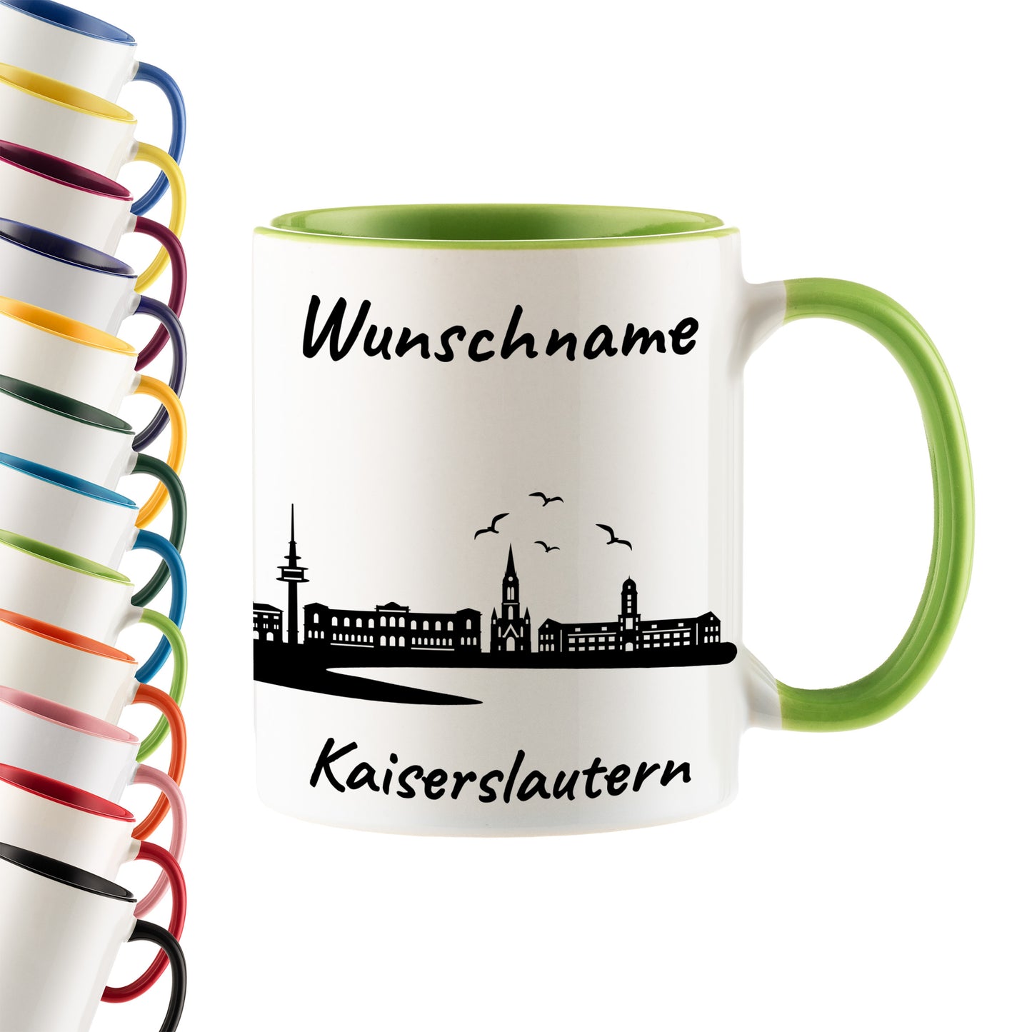 Tasse in Hellgrün 330ml bedruckt mit der Skyline von Kaiserslautern personalisierbar mit Wunschname