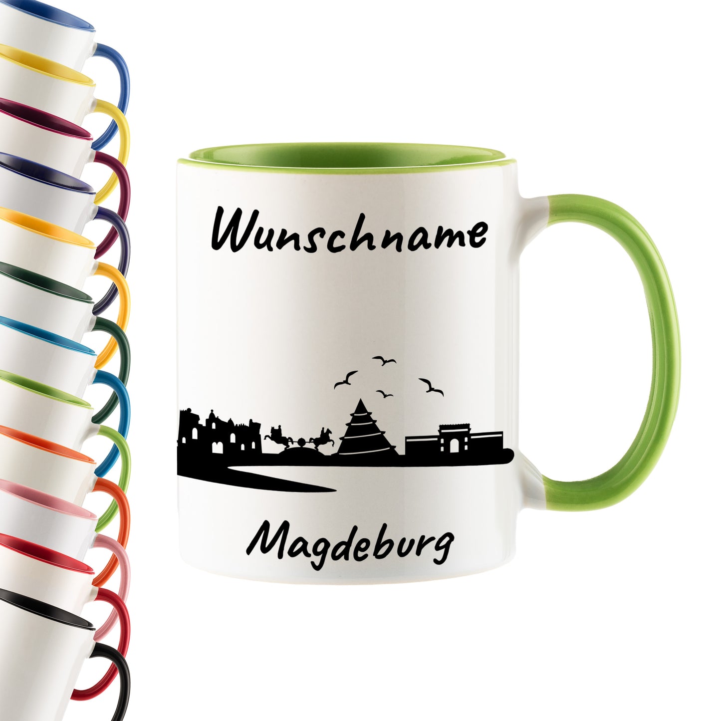 Tasse in Hellgrün 330ml bedruckt mit der Skyline von Magdeburg personalisierbar mit Wunschname