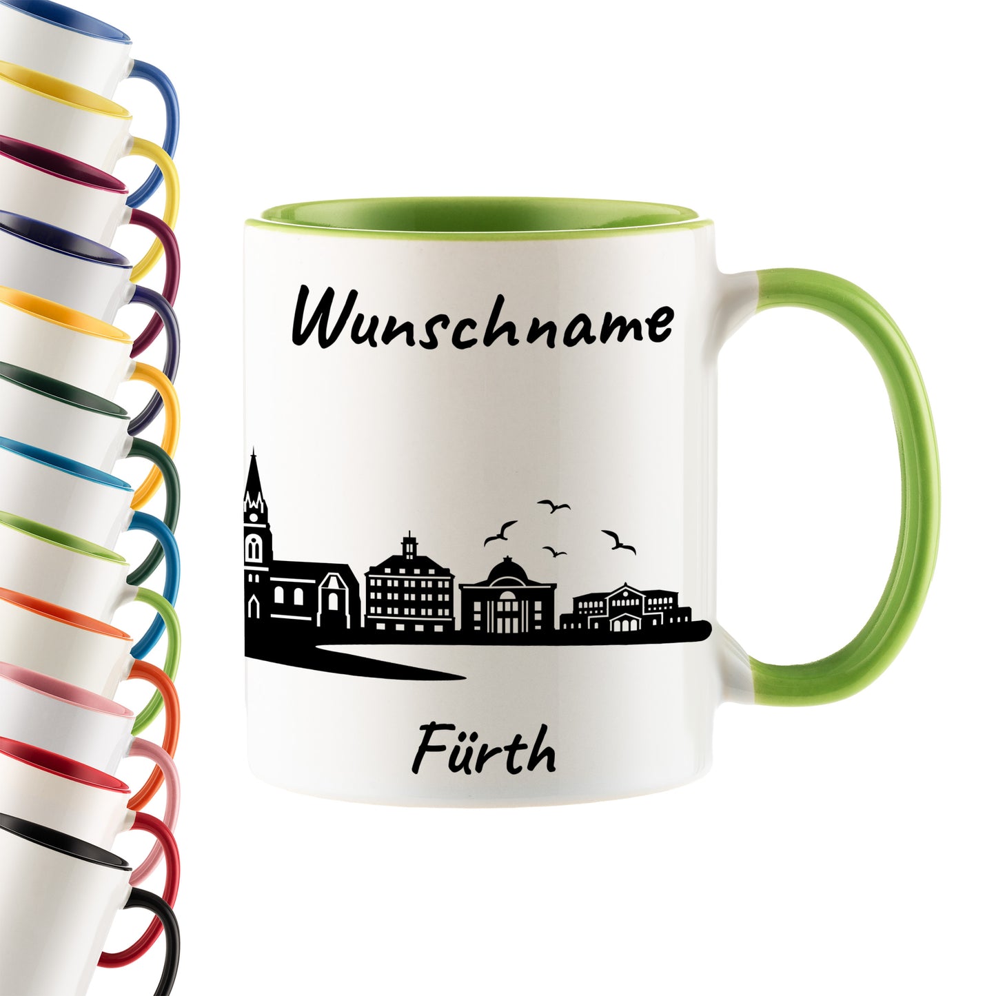 Tasse in Hellgrün 330ml bedruckt mit der Skyline von Fürth personalisierbar mit Wunschname