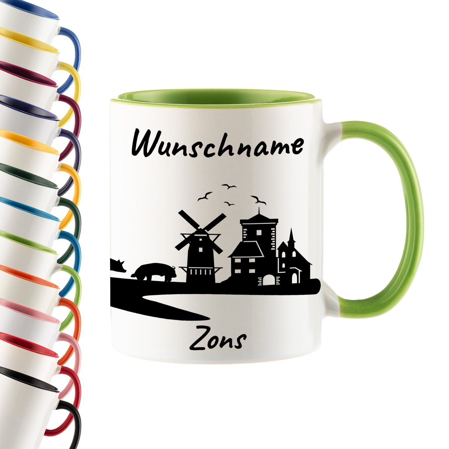 Tasse in Hellgrün 330ml bedruckt mit der Skyline von Zons (Dormagen) personalisierbar mit Wunschname