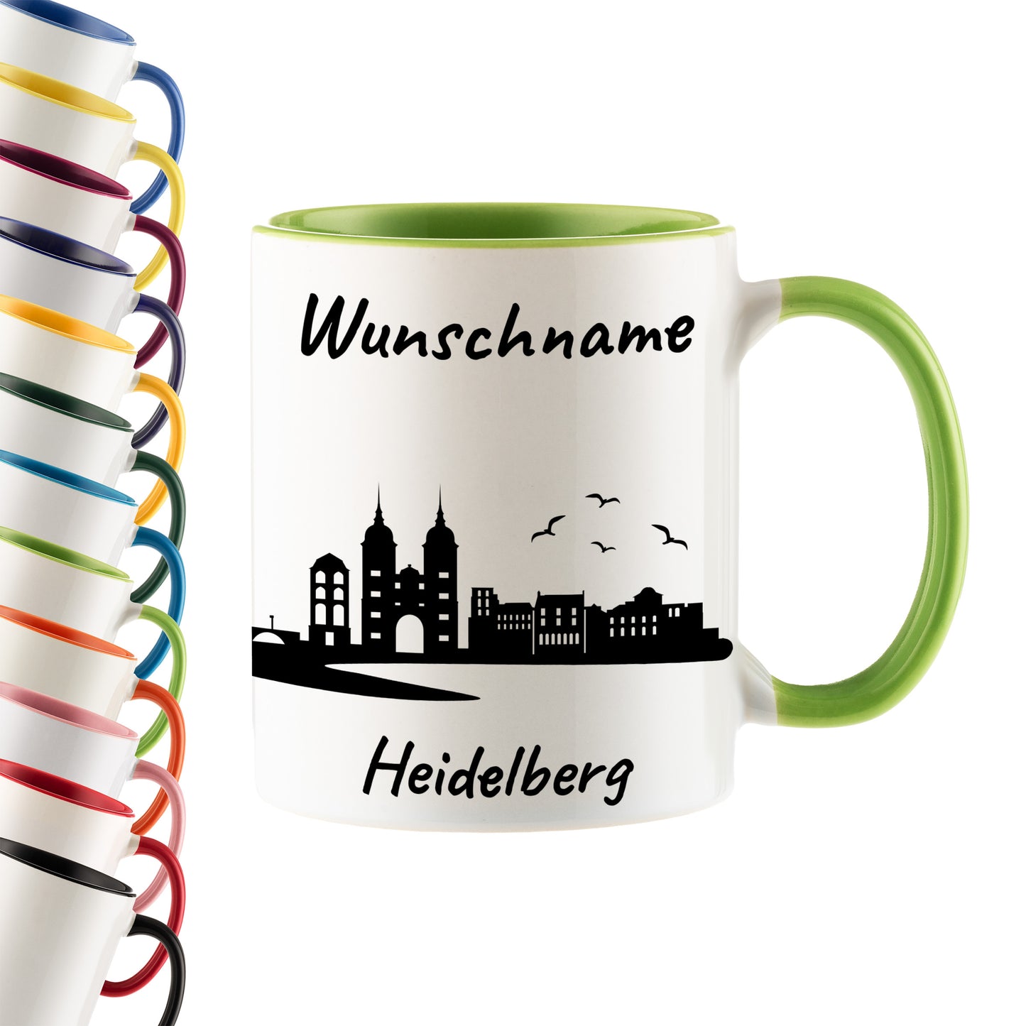Tasse in Hellgrün 330ml bedruckt mit der Skyline von Heidelberg personalisierbar mit Wunschname