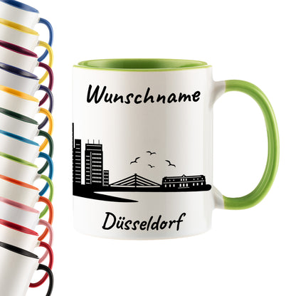 Tasse in Hellgrün 330ml bedruckt mit der Skyline von Düsseldorf personalisierbar mit Wunschname