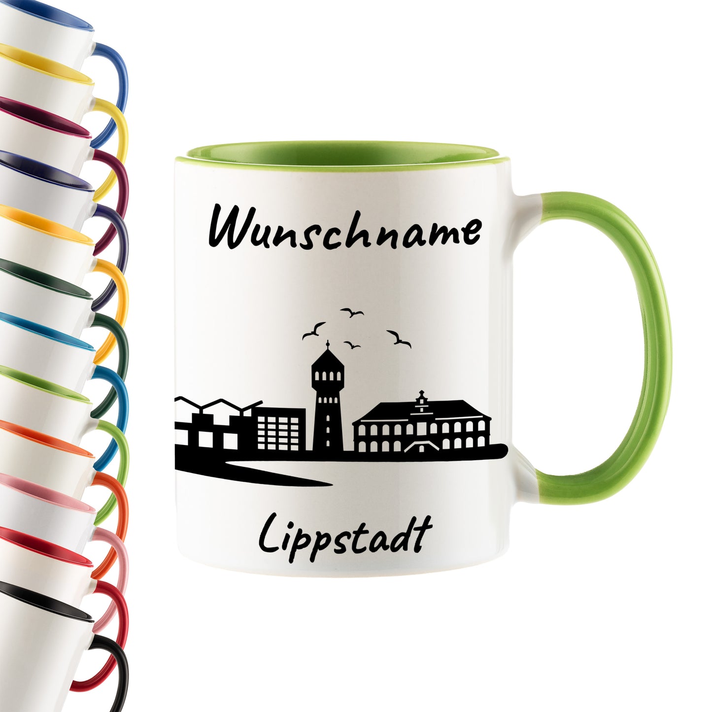 Tasse in Hellgrün 330ml bedruckt mit der Skyline von Lippstadt personalisierbar mit Wunschname