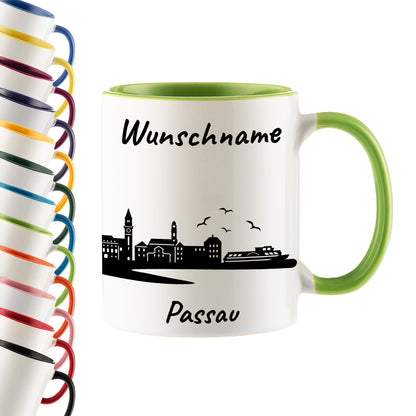 Tasse in Hellgrün 330ml bedruckt mit der Skyline von Passau personalisierbar mit Wunschname