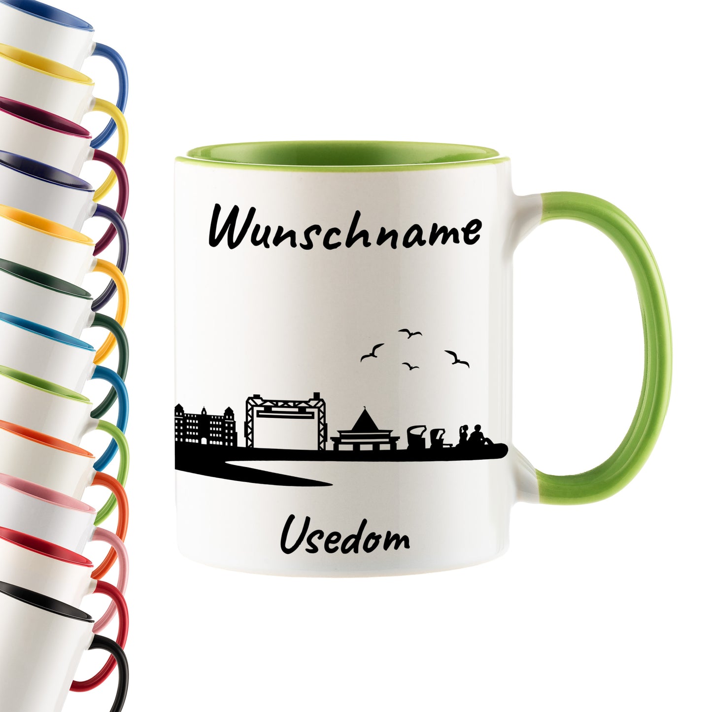 Tasse in Hellgrün 330ml bedruckt mit der Skyline von Usedom personalisierbar mit Wunschname