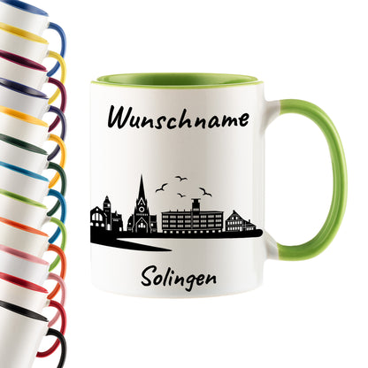 Tasse in Hellgrün 330ml bedruckt mit der Skyline von Solingen personalisierbar mit Wunschname