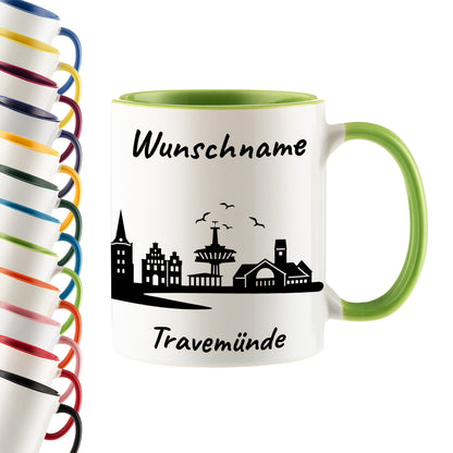 Tasse in Hellgrün 330ml bedruckt mit der Skyline von Travemünde personalisierbar mit Wunschname
