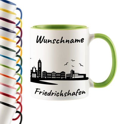 Tasse in Hellgrün 330ml bedruckt mit der Skyline von Friedrichshafen personalisierbar mit Wunschname