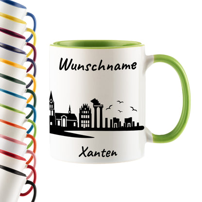 Tasse in Hellgrün 330ml bedruckt mit der Skyline von Xanten personalisierbar mit Wunschname