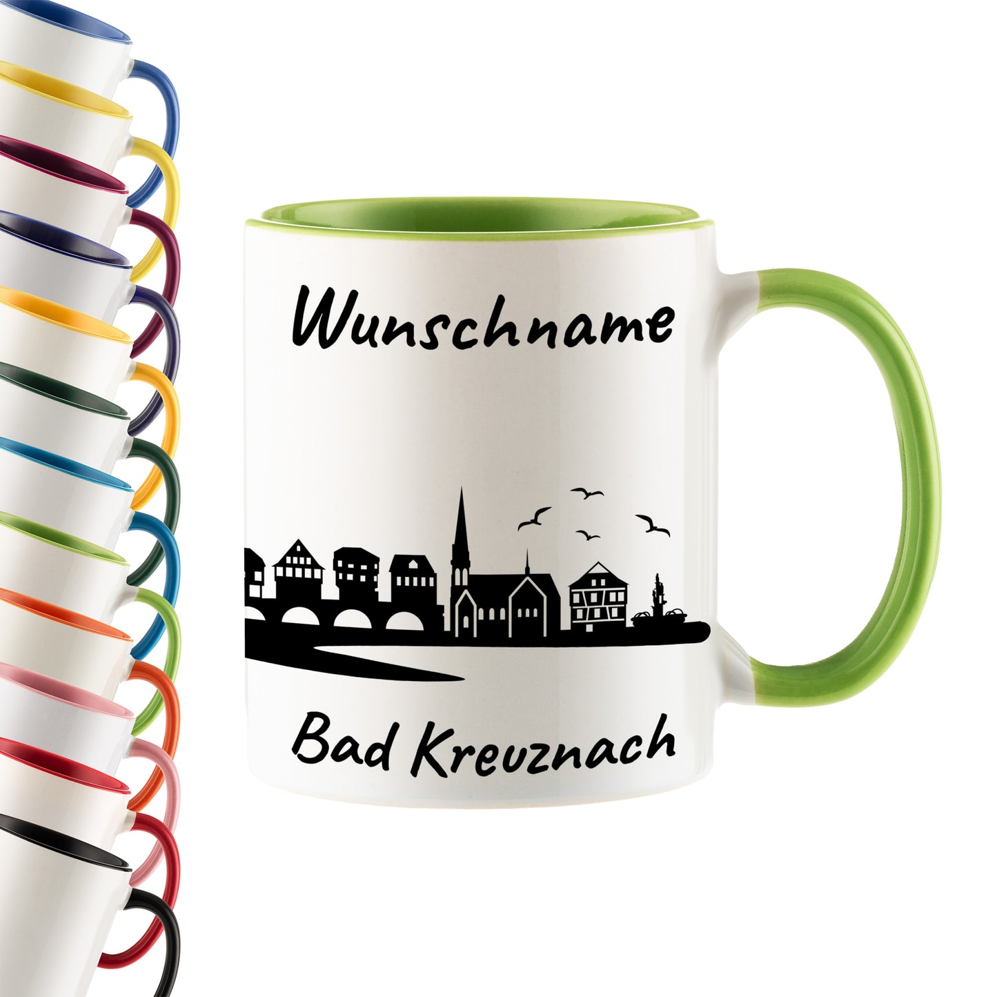 Tasse in Hellgrün 330ml bedruckt mit der Skyline von Bad Kreuznach personalisierbar mit Wunschname