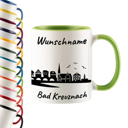 Tasse in Hellgrün 330ml bedruckt mit der Skyline von Bad Kreuznach personalisierbar mit Wunschname
