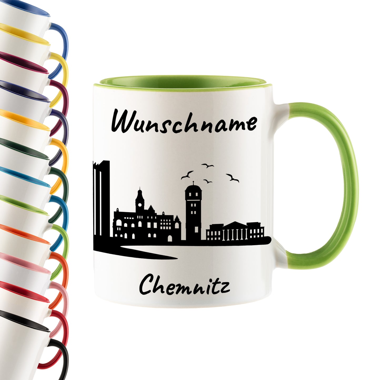 Tasse in Hellgrün 330ml bedruckt mit der Skyline von Chemnitz personalisierbar mit Wunschname