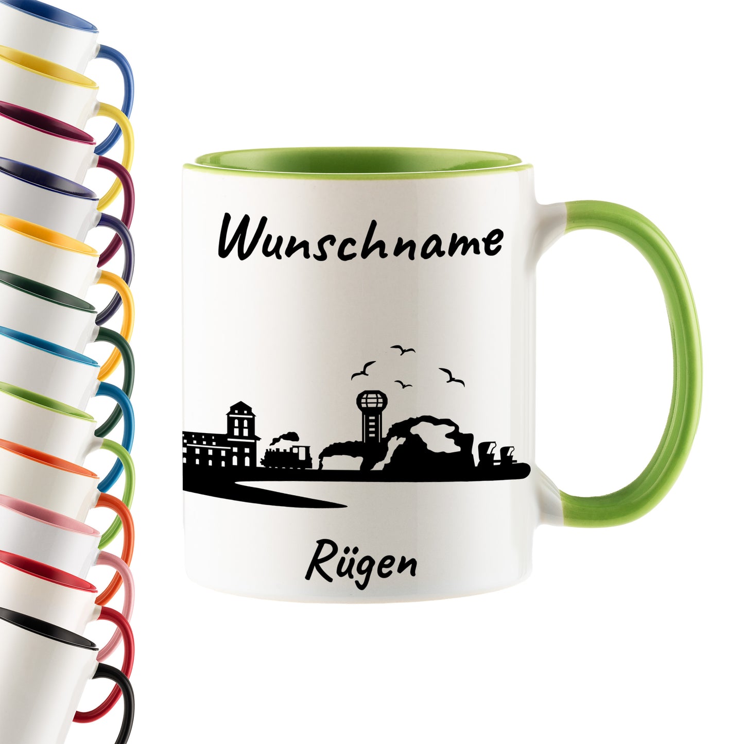 Tasse in Hellgrün 330ml bedruckt mit der Skyline von Rügen personalisierbar mit Wunschname