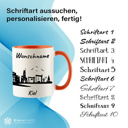 Tasse in Orange 330ml bedruckt mit der Skyline von Kiel personalisierbar mit Wunschname